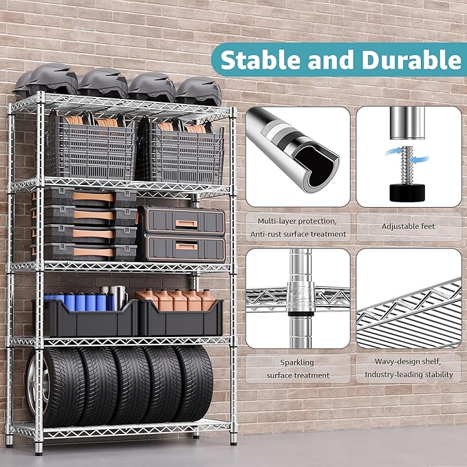 M MZG 1750 LBS Storage Shelves 5-Tier Utility Shelving Unit Steel Organizer Wire Rack for Home,Kitchen,Office,Garage, Capacity 17.7" D x 47.2" W x 72.3" H