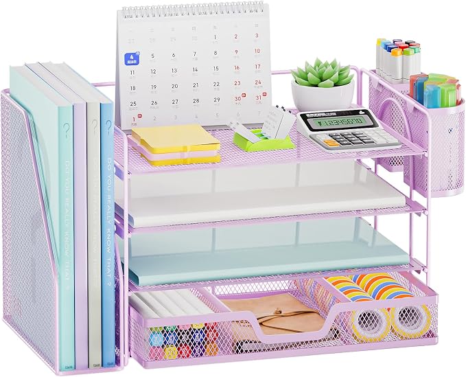 Marbrasse Desk Organizer and Accessories，4-Tier Paper Letter Tray Organizer with File Holder, Workspace Desk Organizers Accessories with Drawer and 2 Pen Holder (Purple, 15.4" x 9.1" x 8.3")