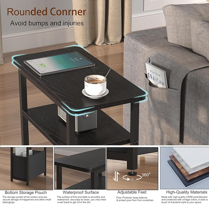 sthmec Narrow Side Table Set of 2, Skinny End Tables with Fabric Basket, Small Side Tables for Small Space,2-Tier Open Shelves with Basket, Slim Nightstands Set 2 for Bedroom,Livinroom,Office, Black