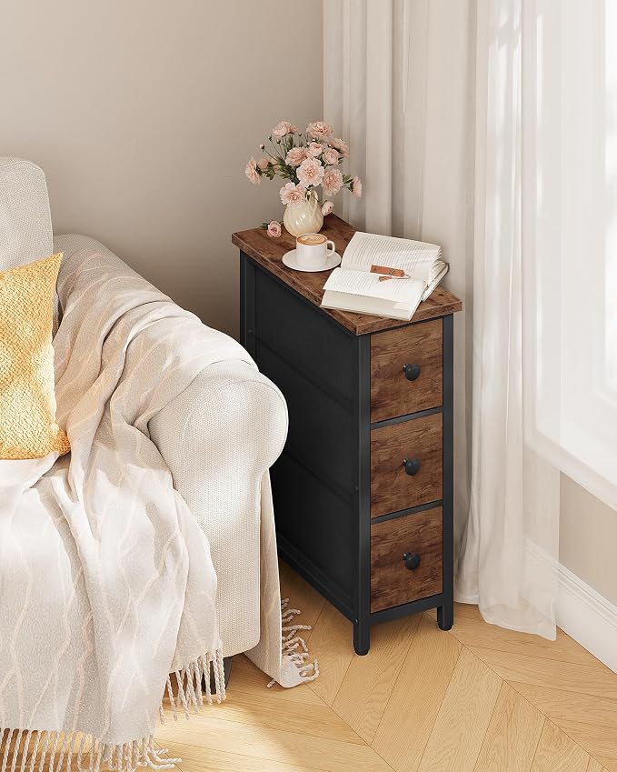 CHOEZON Narrow Side Table with 3 Fabric Drawers, Industrial Slim Bedside Table for Small Spaces, Bedroom, Living Room, Dormitory, Rustic Brown and Black TBZ09BF