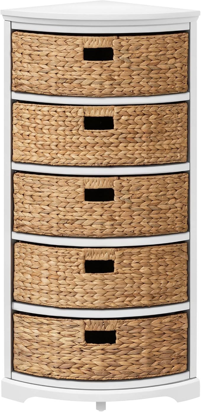 eHemco Hampton Meadows 5 Tier X-Side Corner Storage Cabinet with 5 Wicker Baskets, White