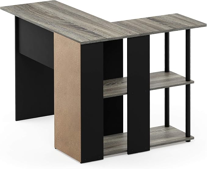 Furinno Abbott L-Shape Computer Desk with Bookshelf, French Oak Grey/Black