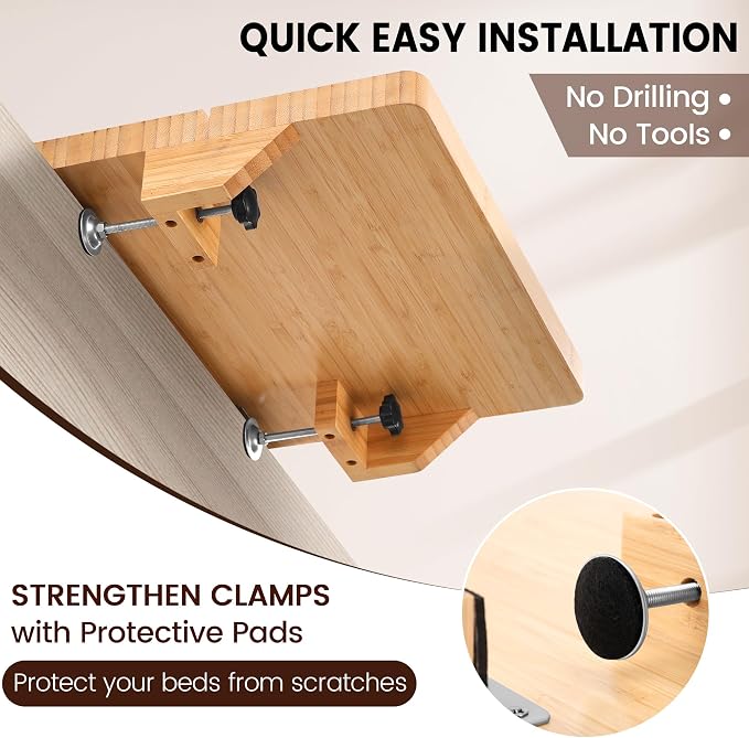 Bedside Shelf for Dorm Bed & Top Bunk, Bamboo Bed Side Table Tray with Cup Phone Holder & Hooks, Bedside Caddy, Clip on Nightstand Bedside Storage College Dorm Room Essentials (Bamboo)