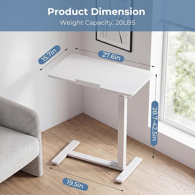 DUMOS Adjustable Rolling Desk, Mobile Overbed Bedside with Hidden Wheels, Portable Laptop Standing Desks Computer Workstation for Bed Sofa Couch, Milk