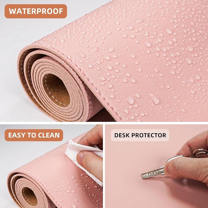 AFIING Large Desk Mat 47.2" x 17.5", Leather Desk Pad Protector with Natural Cork & PU Leather, Non-Slip Office Desk Mat, Double-Sided Mouse Pad, Waterproof Large Desk Pad for Office and Home (Pink)
