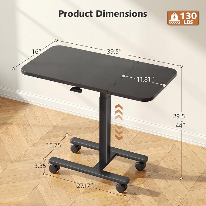 Homkdom C Shaped Table with Wheels, Side End Table with Extended Desktop, Adjustable Rolling Desk for Small Space, Dorm, Height Adjustment (29.5"-44"), Black