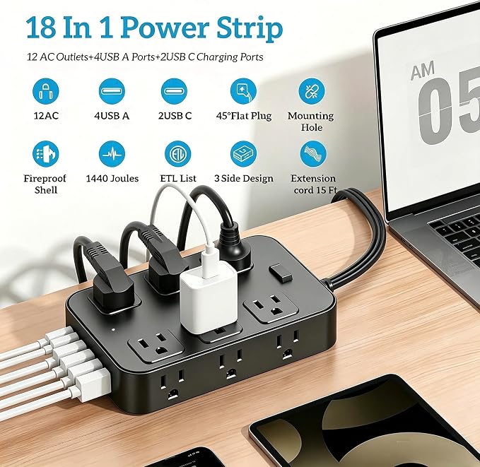 Flat Plug Power Strip Surge Protector with 12 AC Outlets 6 USB Ports 3 Side Multi Plug Outlet Extender 15 Ft Extension Cord for Home Office Kitchen Dorm Wall Desk Charging Station ETL Listed