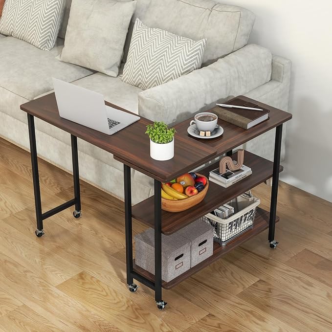 Tangkula 360° Rotating Sofa Side Table, Patented Mobile End Table with 2-Tier Storage Shelves, Swivel Rolling Desk with 6 Lockable Wheels, Metal Frame, Movable Laptop Table Couch Snack Table for Home