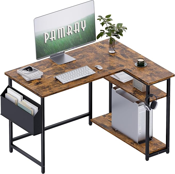 Pamray 40 Inch L Shaped Computer Desk with Reversible Side Storage Shelves, Small Corner Desk for Small Space Home Office, Writing Study Table PC Desk for Bedroom, Vintage