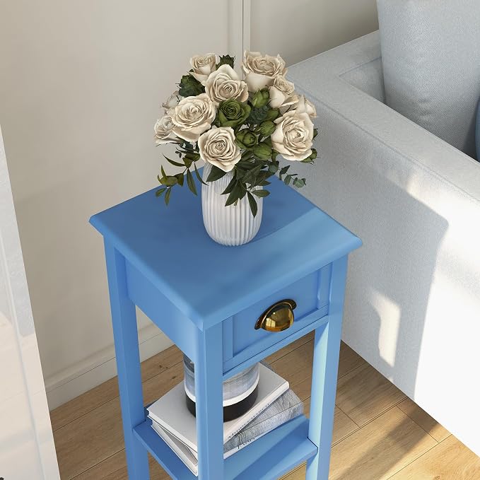 HOMCOM Narrow End Table with Drawer and Bottom Shelf, Slim Side Table for Small Spaces, Skinny Modern Accent Desk for Living Room, Set of 1, Light Blue