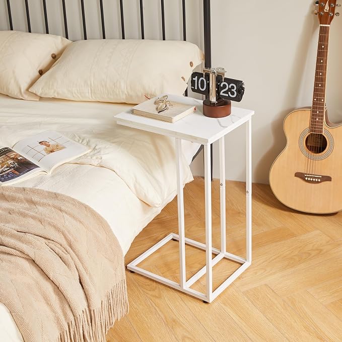Aibiju C Shaped End Table Set of 2, Small Side Table for Sofa and Bed, White Bedside Table, Laptop Desk for Couch, 16x12x25 Inch, Faux Marble with White Frame YD-TM051W-2