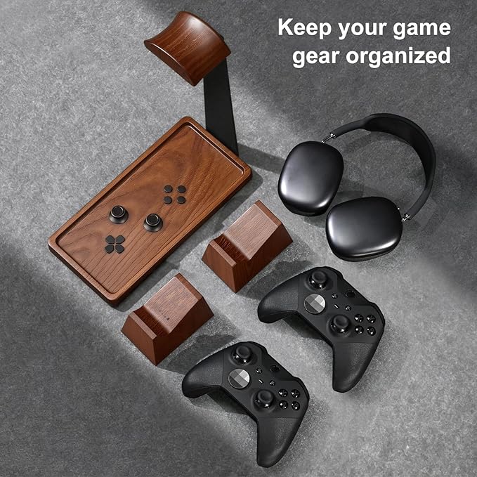UPERGO Headset Stand with 2 Controller Holders - Solid Wood & Metal Gaming Headphone Holder for Switch, Controllers, and Desk Accessories (Wood)