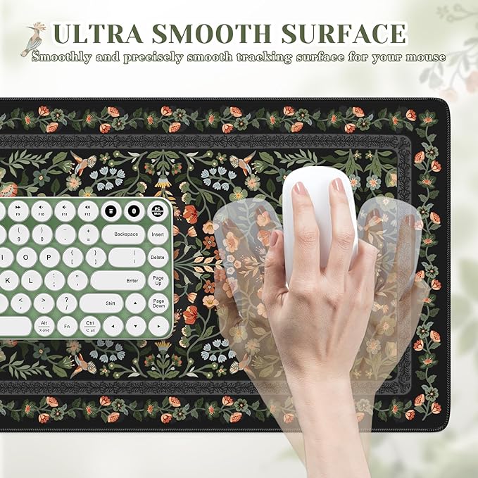 iCasso Aesthetic Flower Mouse pad for Laptop, Desk Pad Mat, Vintage Desk Matt for Desktop 13.7"x23.6", Anti-Slip Mousepad with Stitched Edges for Laptop Computer Keyboard(Black)