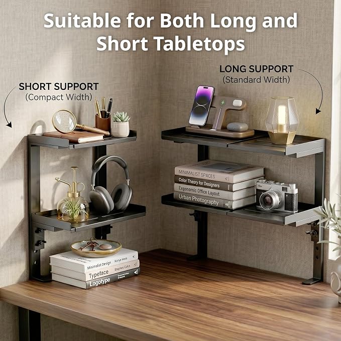 ENCIMART Expandable Clamp on Desk Shelf, 2 Tier Adjustable Desktop Shelves Organizer, Above or Under Heavy Duty Desk Storage with Headphone Holder for Working and Gaming Desk Accessories (Black)
