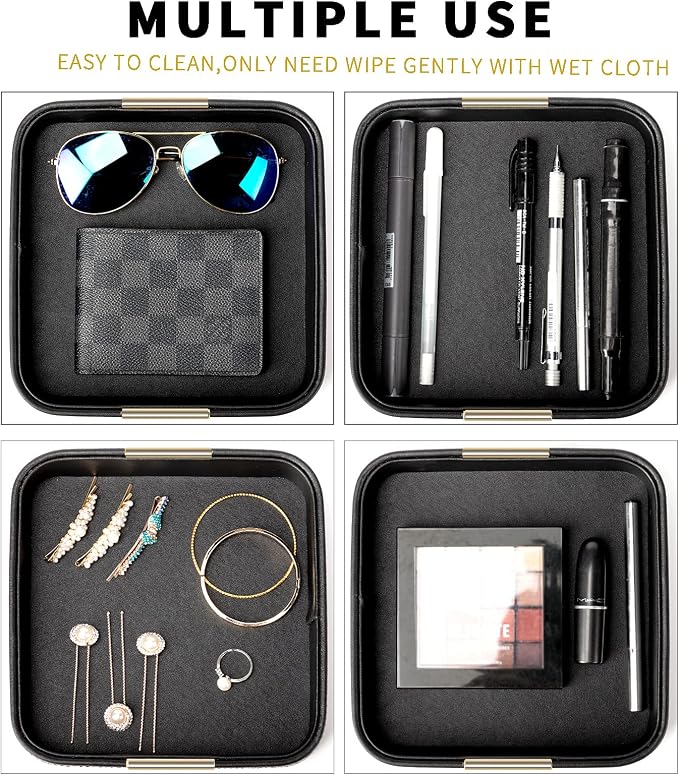 SANZIE Luxury Leather Desktop Storage Small Catchall Organizer Decorative Tray for Entryway Table to Hold Jewelry Watch Cosmetics Keys Phone Wallet, Home & Office Accessories (Metal Gilded, Black)