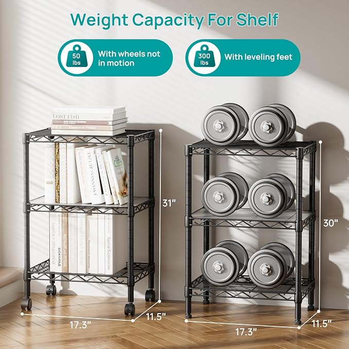 SINGAYE 3 Small Shelves Storage Shelf Wire Shelving Unit Metal Shelf Adjustable Organizers Storage Shelving with Wheels for Bathroom Laundry Room Kitchen Pantry11.6”D x 17.6”W x 30”H Black