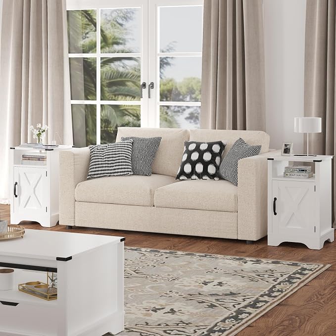 RoyalCraft 25" Tall Nightstand Set of 2, Farmhouse Nightstand with Charging Station, Large End Table with Storage, White Wood Bedside Table for Bedroom, White