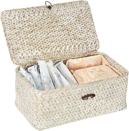 Sumnacon Wicker Basket with Lid Rectangle Woven Baskets for Toiletries Tampon Storage,Wicker Storage Basket with Lid,Decorative Seagrass Storage Baskets for Shelf Bathroom Toilet Table,Whitewash