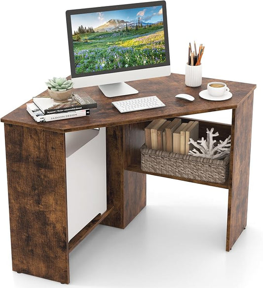 HOMGX Corner Computer Desk, Triangle Desk with Storage Shelves, Small Corner Desk for Small Spaces, Corner Vanity Desk for Home, Bedroom, Living Room, Office (Coffee)