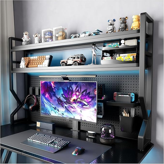 Desktop Hutch Bookshelf,Many Gifts,Metal Desktop Bookcase with pegboard, Desk Shelf, Countertop Storage Organizer Rack for Dorm or Office,Desktop Shelves (Black, 37.4" Lx9.9 Wx39 H)