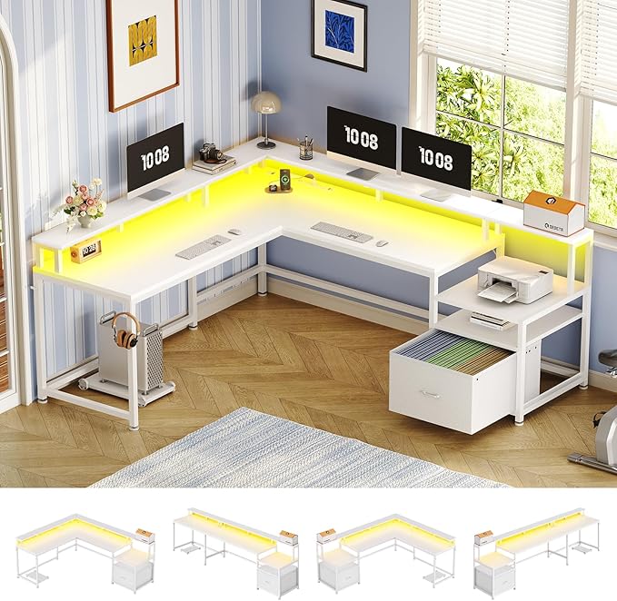 SEDETA 66" L Shaped Desk with Power Outlet, Reversible Home Office Computer Desk with File Drawer & Monitor Shelf, Storage Shelves, LED Lights for Corner Small Spaces, White