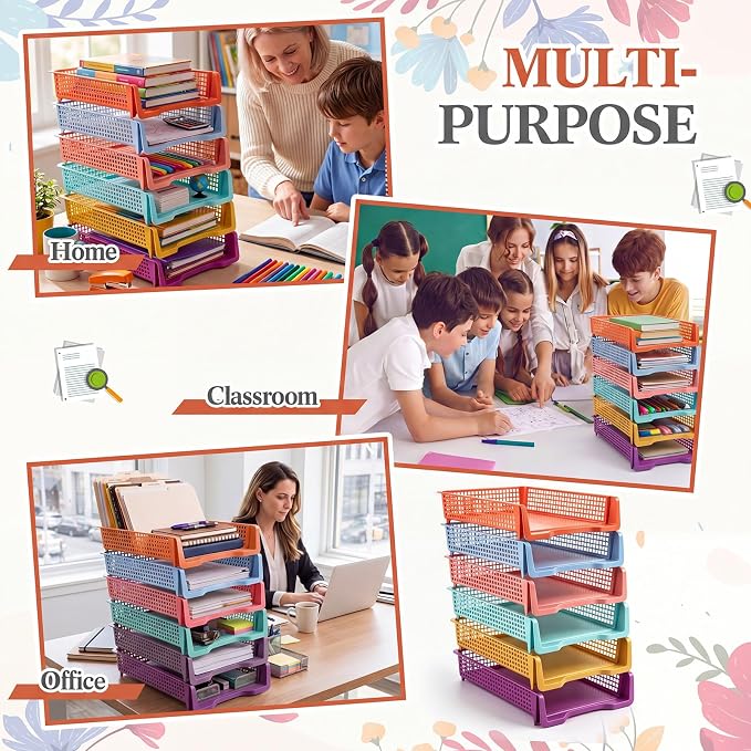 Geetery Set of 6 Plastic Trays for Teachers Turn in Trays Classroom Stackable Paper Tray Plastic Classroom Teachers Desk Letter Organizer Storage Baskets for Office, Desk, Home (Wildflower Color)