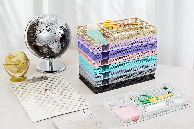 Annova Desk Drawer Organizer Tray for Office Organization - Metal Mesh - Storage Tray with Dividers for Pens, Desktop Accessories, Bathroom, Kitchen, Makeup and Office Supplies (Small, Turquoise)