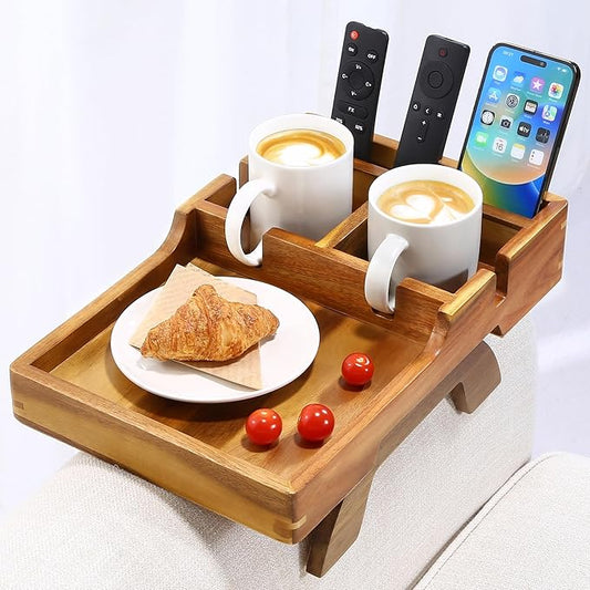 Couch Armrest Table, Acacia Wood Sofa Arm Table with 2 Cup Holders, 15.4"x9.8" Large Foldable Clip on Couch Arm Tray Table with Remotes Storage Slot