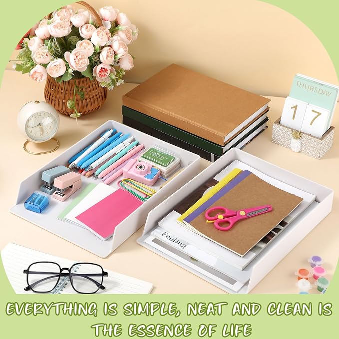 2 Pcs Stackable Desk Organizer Trays Rectangular Plastic Desk Holder Desktop Letter Tray File Organizer Paper, File, Magazine, Office Organization for Desktop