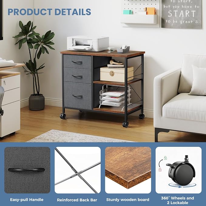 OLIXIS 3-Tier Printer Stand with Fabric Storage Drawer, Rolling Printer Cart with Lockable Wheels and Metal Frame, Under Desk Table with Open Storage Shelf for Small Spaces, Home, Office, Gray