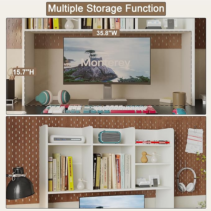 ChooChoo Desktop Bookshelf, Wood Desk Hutch Organizer with 7 Shelves for Computer Desk, Desktop Shelf Bookshelf Storage for College Dorm Office Home, White