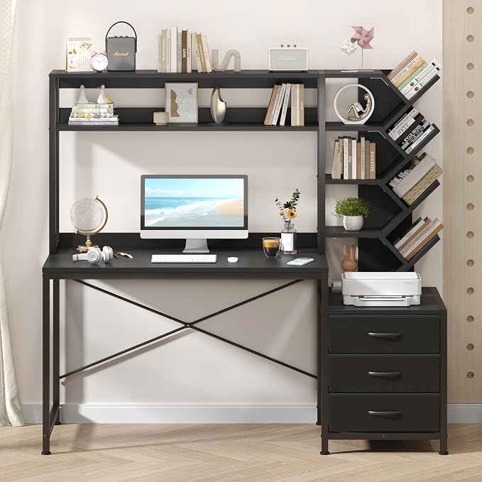 YOMILUVE Reversible Computer Desk with Hutch, Home Office Desk with Drawers and Bookshelf, 52'' Study Writing Desk with Storage Shelves for Bedroom Home Office, Black