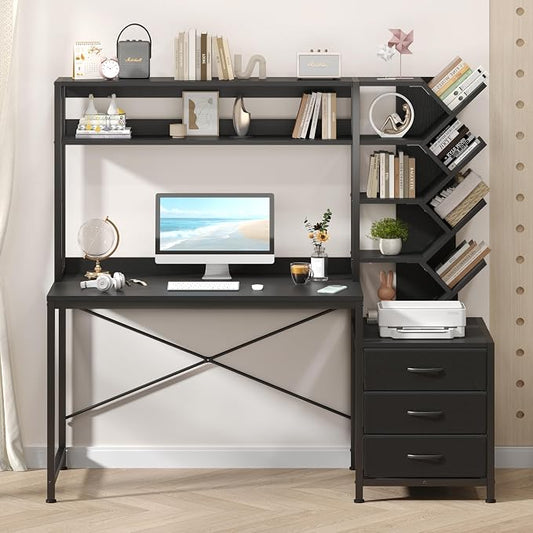 YOMILUVE Reversible Computer Desk with Hutch, Home Office Desk with Drawers and Bookshelf, 52'' Study Writing Desk with Storage Shelves for Bedroom Home Office, Black