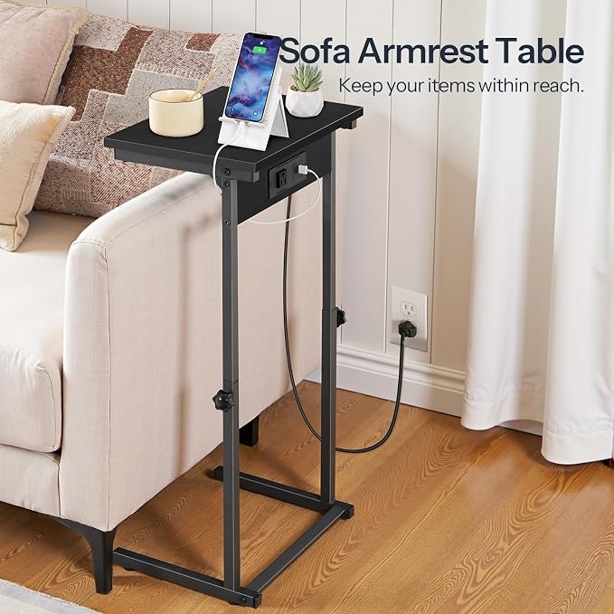 HOOBRO C-Shaped End Table with Charging Station, Adjustable Height Sofa Tray Side Table, Slide Under Couch Arm Table, Small C Side Table for Small Space in Living Room, Bedroom, Black BB71USF01