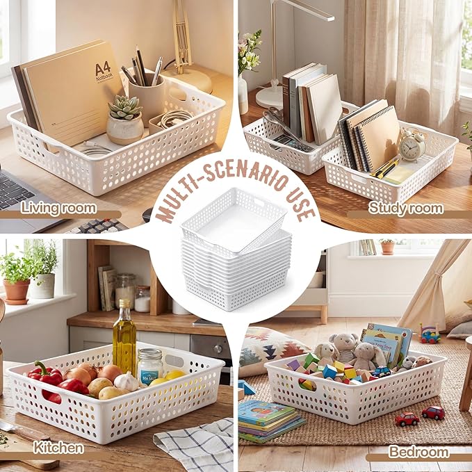 Geetery 6 Pack Classroom Storage Baskets with Handle 14''x10'' Paper Tray Holds A4 Turn in Trays Plastic Paper Baskets Desk Organizer Bin for Classroom, Library, Office, Home (White)