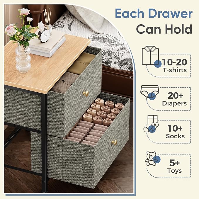 DUMOS Nightstand, Bedside Table for Bedroom, Small Dresser, 2 Fabric Drawer | Side/End Tables with Drawers, Storage Cabinet Furniture, 20 Inch Night Stand for Closet, Entryway, Ink Green