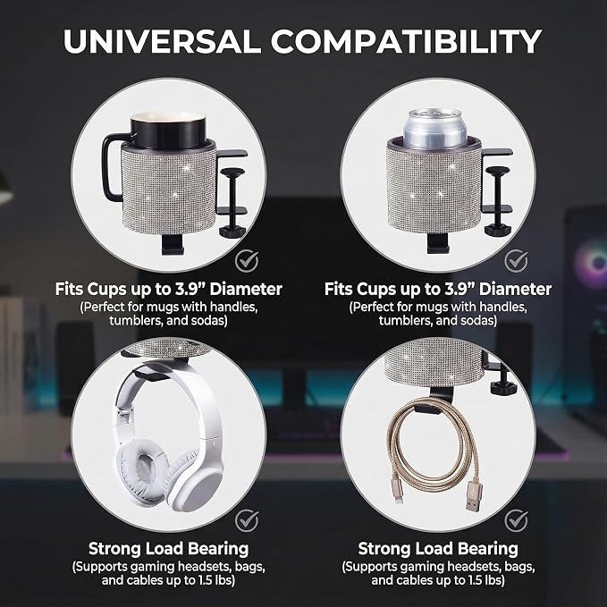 Luxury 2-in-1 Desk Cup Holder with Headphone Hanger for Office, Home, Gaming(Bling Bling)