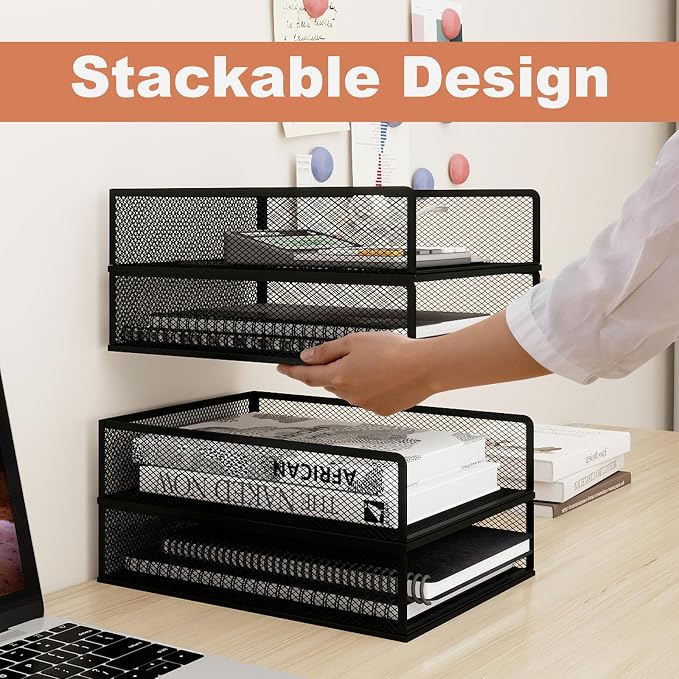 Natwind 4 Tier Stackable Paper Trays for Letter Documents, Desktop File Organizers for Office Supplies, Metal Mesh Desk Organizer，Office Organizer，Letter Trays for Home, Office, School，Black