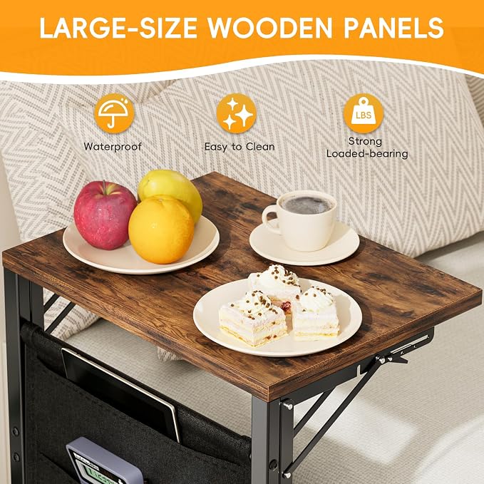 Folding TV Tray Table, 28.8" Tall C-Shaped Side Table for Couch and Bed, Slide Under Sofa Side Desk with Storage Bag - Sturdy Metal Frame Tray for Living Room, Bedroom, Home & Office (Rustic Brown)