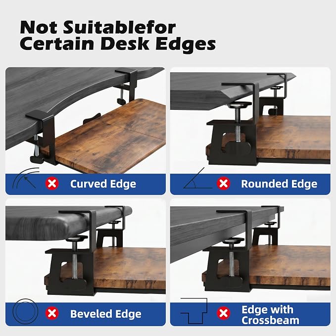 Mahogany Keyboard Tray Under Desk Clamp, Large Slide-Out Keyboard and Mouse Tray, Ergonomic Under Desk Keyboard Drawer Alternative with Wrapped Edge Surface for Home Office