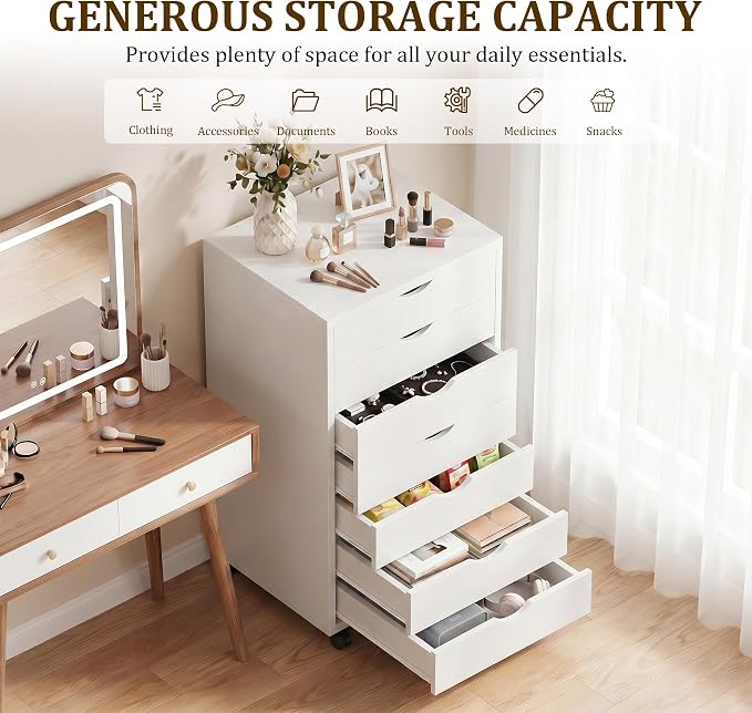 7 Drawer Mobile File Cabinet Under Desk Storage Organization with Wheels Vertical Filing Chest Rolling Wood Small Desk Printer Stand for Home Office, White