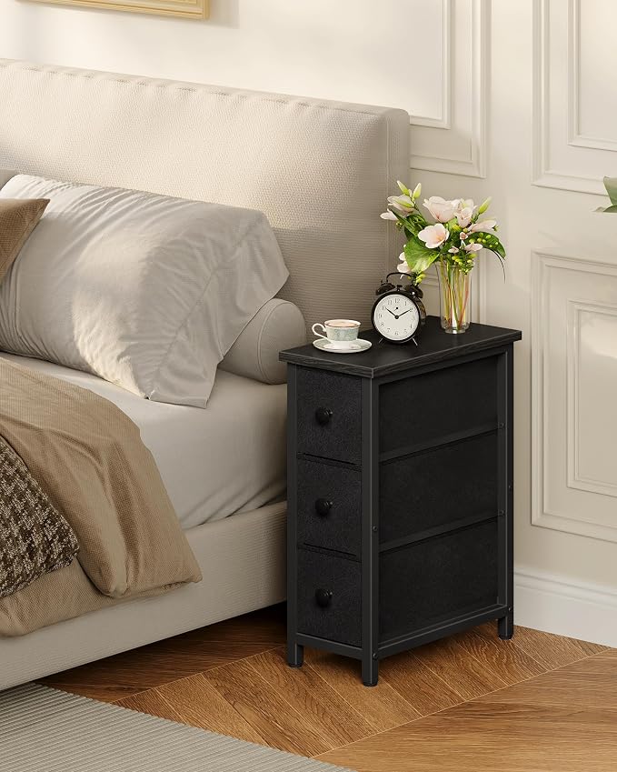 CHOEZON Narrow Side Table with 3 Fabric Drawers, Industrial Slim Bedside Table for Small Spaces, Bedroom, Living Room, Dormitory, Black TBZ09BB