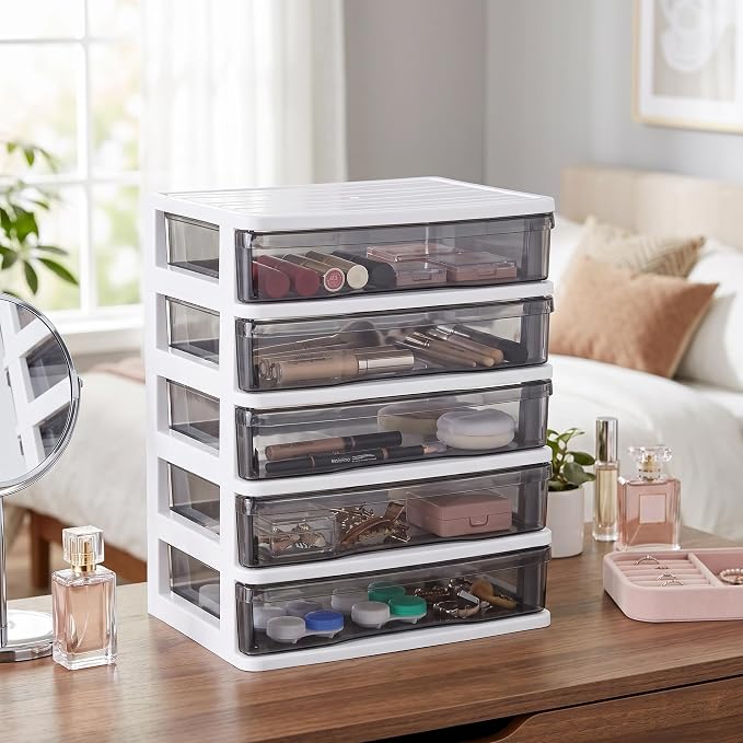 DEAYOU 5 Drawer Desktop Storage Bin Unit, Small Plastic Organizer, White Frame with Clear Drawer, Mini Container Case for Desk, Storing Craft, Accessory, Stationery