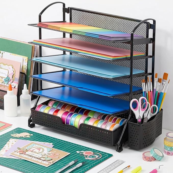 Simple Houseware 6-Tier Desk Document File Tray Organizer with Supplies Sliding Drawer, Black