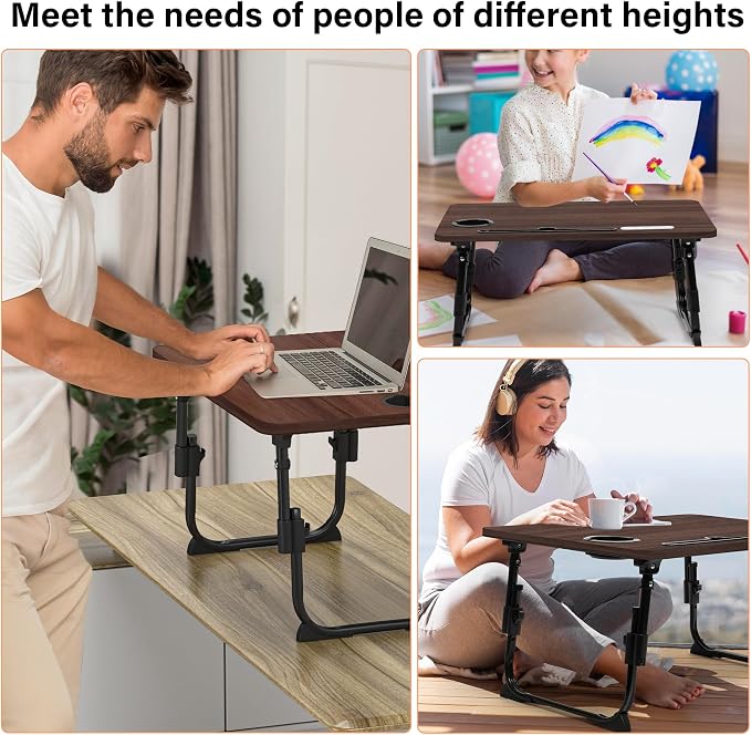Lap Desk for Bed, Adjustable Laptop Desk with USB Charging Port, Storage Drawer & Bookshelf — Foldable Bed Desk for WFH & Students, 23.6" Desktop Fits 21" Laptop, Non-Slip, Walnut