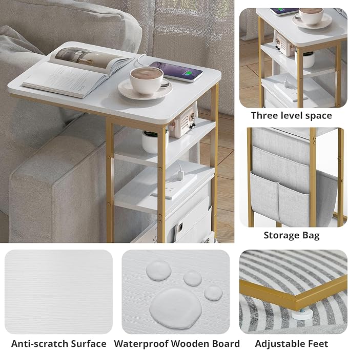C Shaped End Table with Charging Station, 28"(H) 3-Tier C Table with Storage Bag, Under Couch Table C-Shaped End Table with Storage Shelves and Bag for Living Room, Bedroom, or Office