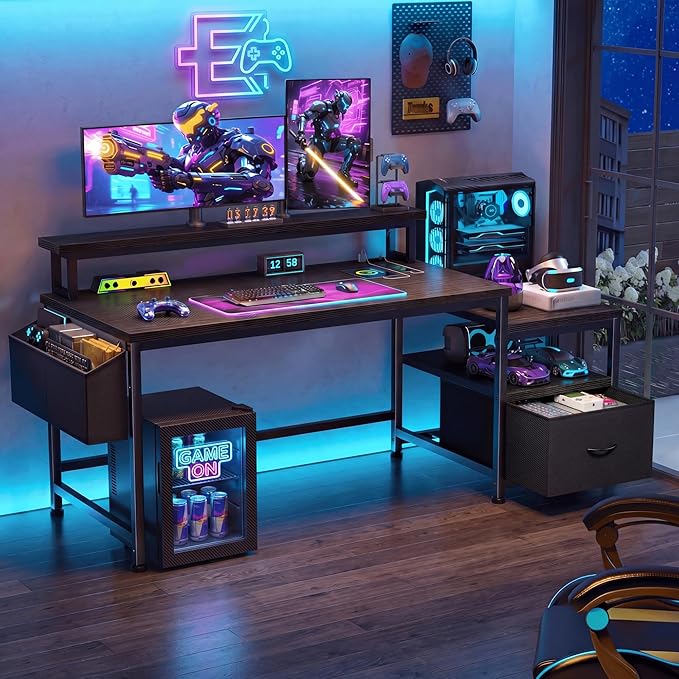 EnHomee 56.5" Black Computer Desk with File Drawers and Printer Space,Office Desk with Power Outlets and Monitor Stand,Gaming Desk,Study Desk, Writing Desk, Bedroom Desk