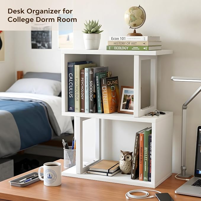 Desk Shelf Organizer, Small Desktop Bookshelf, Dorm Desk Hutch Wood, 3-Tier Desktop Organizer Shelf Storage Unit for Office, Home, White