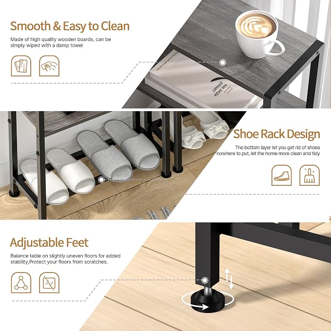 Narrow Side Table Set of 2 for Small Space, 2-Tier Small End Table with Shelf Holder, Slim Nightstand, Skinny Snack Couch Table in Living Room, Bedroom, Study, Kitchen and Balcony (Grey)