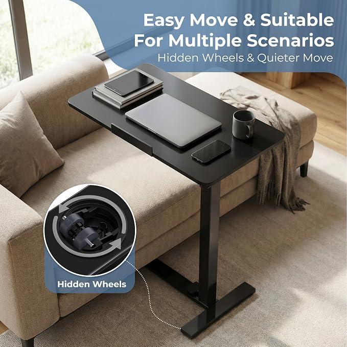 DUMOS Adjustable Overbed Bedside Table with Hidden Wheels, Mobile Standing Desk with Pneumatic Lift, Portable Computer Workstation Cart for Bed, Couch, Office, Sofa, Black